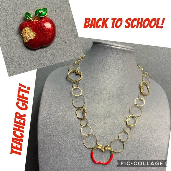 Apple Necklace Brooch Set 26 In Red Enamel Rhinestone Teacher Appreciation BTS